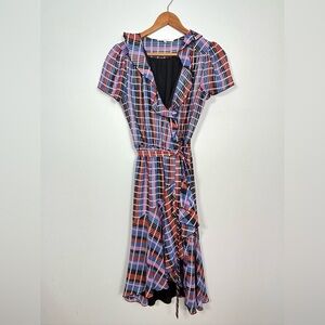 WAYF Plaid Ruffle Wrap Midi Dress Metallic Stripe Short Sleeve Belted Size S